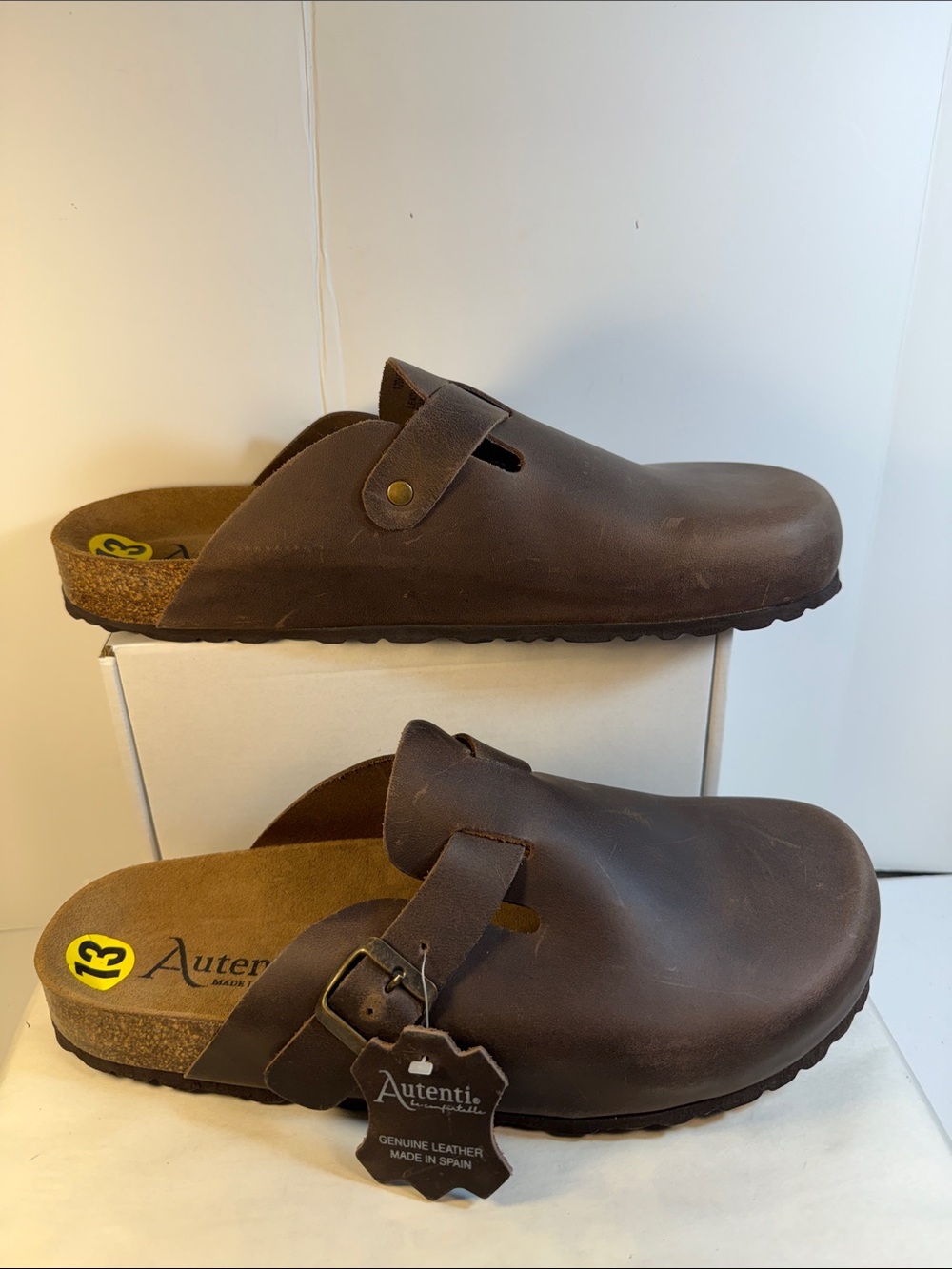 Autenti Men's Brown Leather Slip-On Clog with Buckle